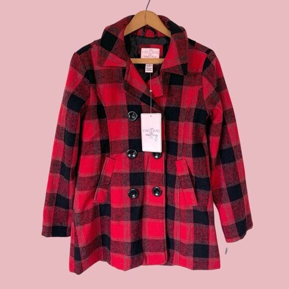 NWT Vine and Valley Girl’s Red & Black Plaid Pea Coat - Picture 1 of 6